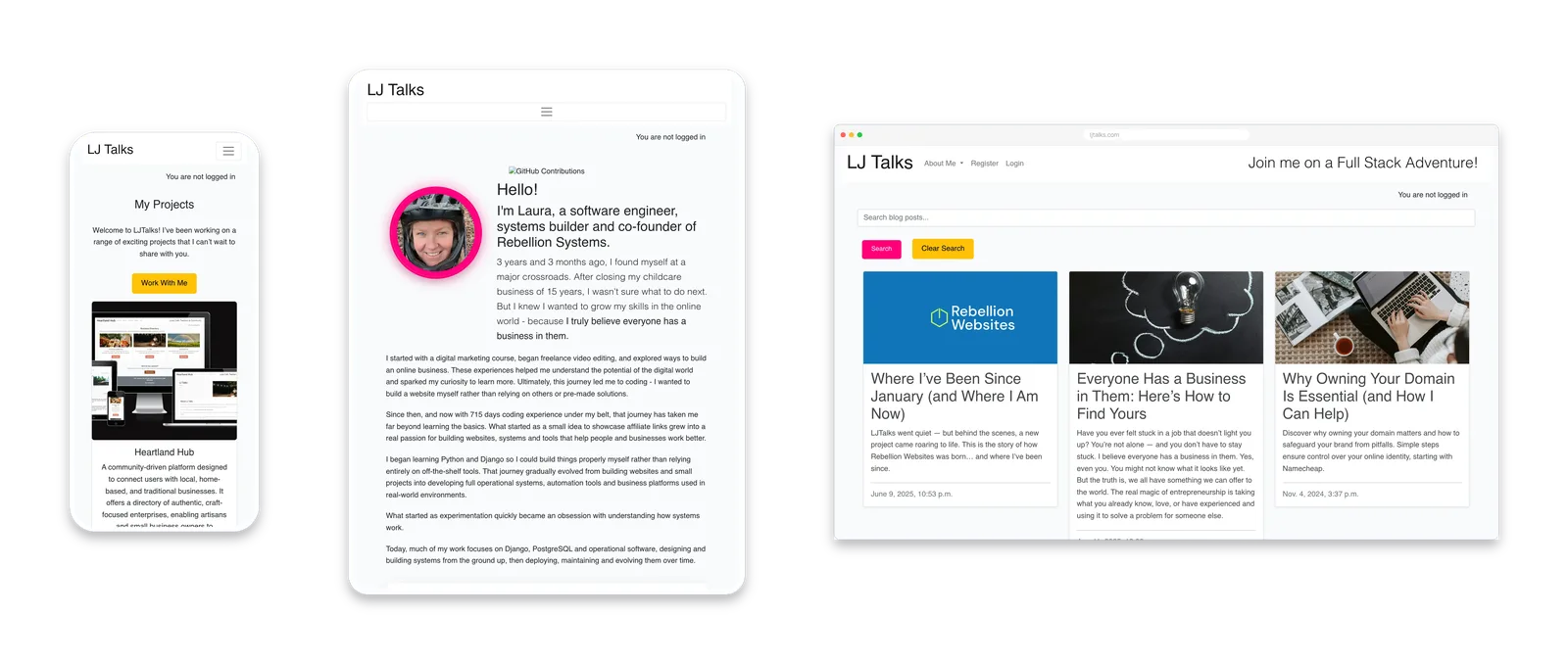 LJ Talks shown across multiple devices